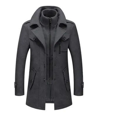 (grey, M) New Winter Wool Coat Men Fashion Double Collar Thick Jacket Single Breasted Trench Coa