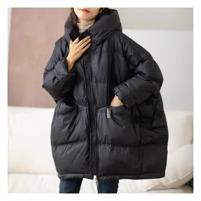 (black, One size) Winter Women 90% White Duck Down Jacket Casual Loose Over Size Warm Parka Fema