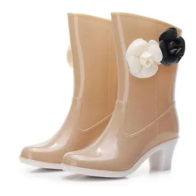 (beige, 37) Women&apos;s Large Size High Heel Rain Boots Ladies Camellia Adult Rain Shoes Solid 