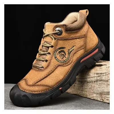 (light brown, 44) Men&apos;s Hiking Boots High Top Leather Plush Outdoor Cotton Shoes Large Size