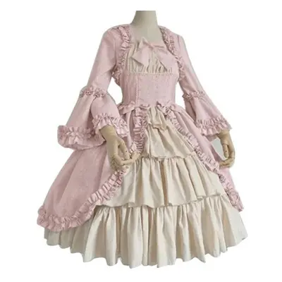 (pink, XXL) Lady Retro Square Neck Tight Waist Bowknot Medieval Dress Cosplay Party Costume