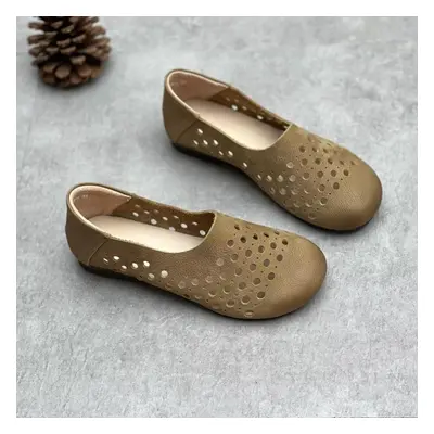 (khaki, 38) Johnature Retro Women Flats Shoes Genuine Leather Round Toe Shallow Hollow-out Breat