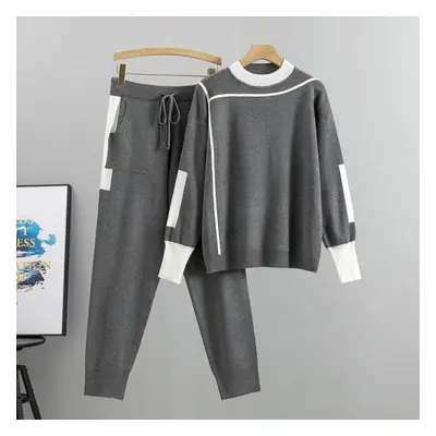 (gray, XXXXL) Spring And Autumn Women&apos;s Knit Set Fashion Temperament Casual Knit Top Pants 