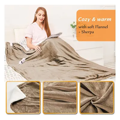 (130x180cm Khaki) Mia&Coco Electric Heated Blanket Throw Flannel Sherpa Fast Heating 180x130cm