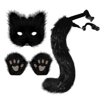 (Black) Faux Fur Fox Tail Cat Wolf Cosplay Costume Set Plush Mask Fluffy Paw Gloves Halloween Ch