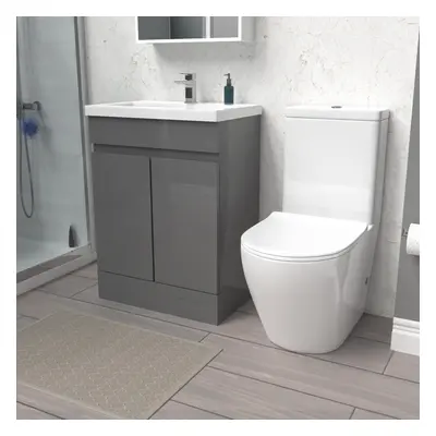 Nes Home 600mm Steel Grey Basin Vanity Unit & Rimless Close Coupled Toilet Set