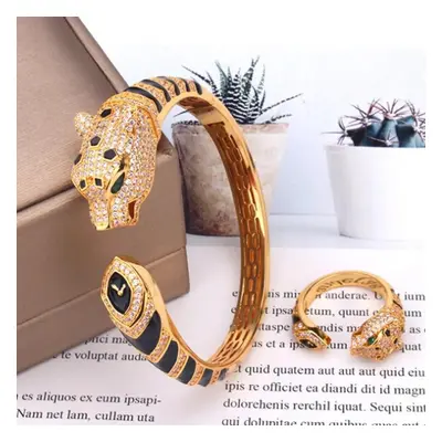 (005 gold ring 9) Zlxgirl Jewelry Jet Cubic Zircon Leopard Animal Bridal Bangle Jewelry Europe D