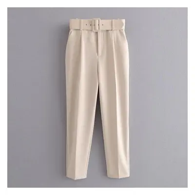 (beige, S) Pants Suit Women High Waist Sashes Pockets Middle Aged Long Pant