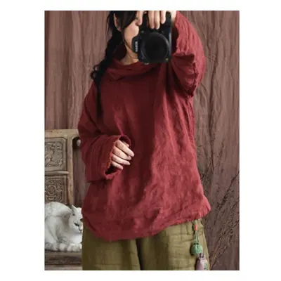 (red, One Size) Johnature Women Linen T-shirts Solid Color Long Sleeve Tees Spring High Quality 