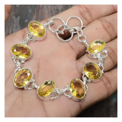 (yellow, Inches) Citrine Gemstone Handmade Solid Sterling Silver Bracelet For Women