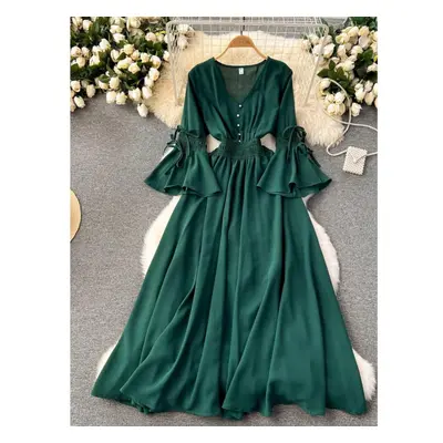 (dark green, One Size) Spring Autumn New Fahison Candy Color Long Dress Women Elegant V-neck Fla