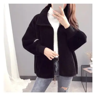 (black, L) Autumn And Winter Women&apos;s Short Knitted Cardigan Does Not Lose Fur Mink Velvet L