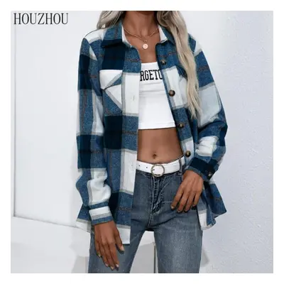 (blue, S) Houzhou Thick Plaid Shirt Women Autumn And Winter Long Sleeved Korean Chic Office Lady