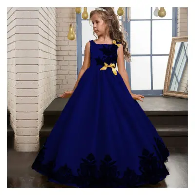 (blue, 150) High Quality Kids Girls Wedding Embroidery Princess Party Pageant Formal Dress Sleev