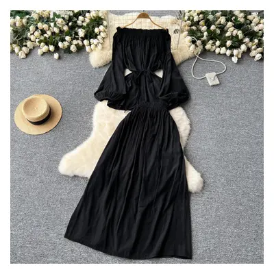 (black, One Size) Gentle Two Piece Sets Women Slash Neck Off Shoulder Lantern Long Sleeve Slim W