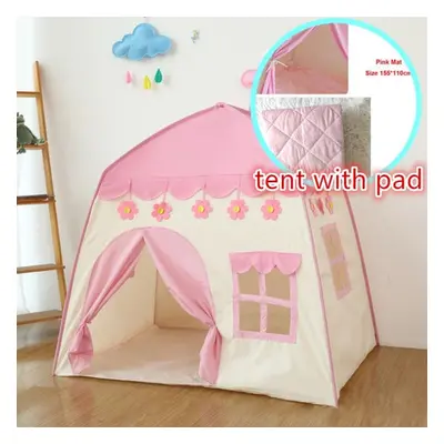 (pink, tent with pad) 1.3m Portable Children&apos;s Tent Wigwam Folding Kids Tents Tipi Baby Pla