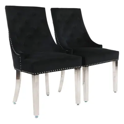 (Set of Chairs, Black With Chrome Legs) Luxury Lion Knocker Velvet Dining Chairs Padded Gold/Sil