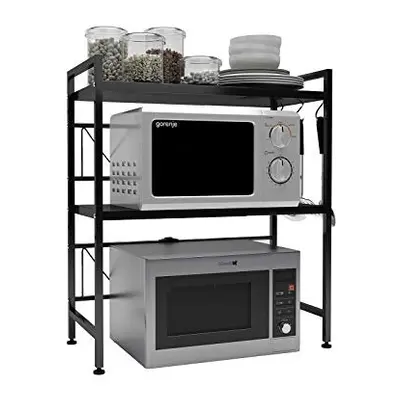 3 Tier Extendable Microwave Oven Rack Shelf with Hanging Hooks Microwave Stand with Storage for 