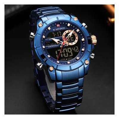 (Blue) Naviforce Mens Fashion Dual Display Watches Stainless Steel Luxury Digital Wristwatch