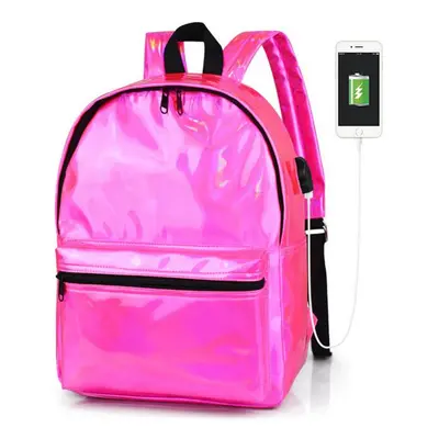 (Pink) USB PU Backpack Waterproof Inch Laptop School Bag Camping Travel Pack Shoulder Bag Handba