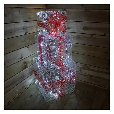 Premier Christmas Set of Acrylic Parcels in White with Red Bow with Warm White LED Lights Mains 