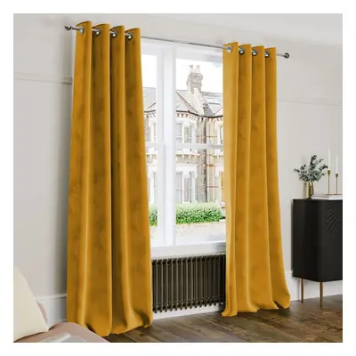 (Ochre, 66" x 90" (168cm x 228cm)) Thick Heavy Velvet Curtain PAIR Eyelet Ring Top Fully Lined R