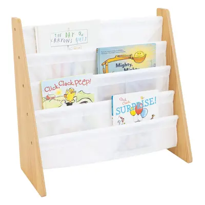 (Natural/White, Tiers/3 Bins) Wooden Bookshelf for Children, Tier Book Storage Organiser with De