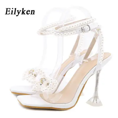 (white, 42) Eilyken Women Sandals Summer Sexy Perspex Crystal High Heels Party Wedding Shoes Squ