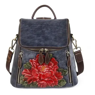 (black gray) Johnature Retro Genuine Leather Floral High Quality Women Luxury Backpack Large Cap