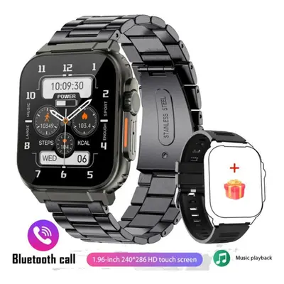 (black, Silicone strap+steel stra) Bluetooth Call Smart Watch Men 1.96inch 600mah Large Battery 