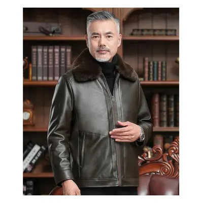 (brown, XL) Men&apos;s Autumn And Winter Plush Thick Plush Collar Faux Leather Jacket Outdoor Wi