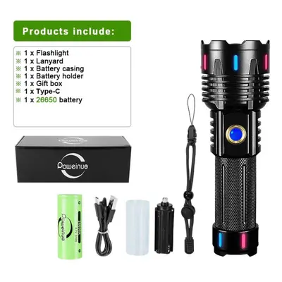 (black, With 26650, box) 80000lm Ultra Powerful Rechargeable Flashlight 800w Led High Power Led 