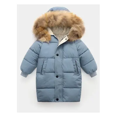 (blue, 120cm) Big Fur Collar Children&apos;s Down Jacket Boy&apos;s Cotton Coat Mid-length Girls