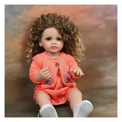 (orange) 55cm Reborn Baby Toddler Princess Full Body Soft Silicone Flexible Soft Touch Curly Hai