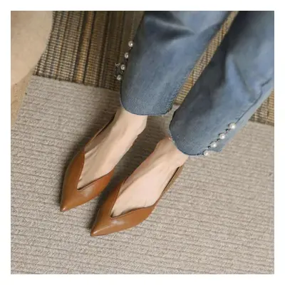 (brown, 34) Luxury Temperament Women Shoe Summer New French Pointed Leather Shoe Simple Comforta