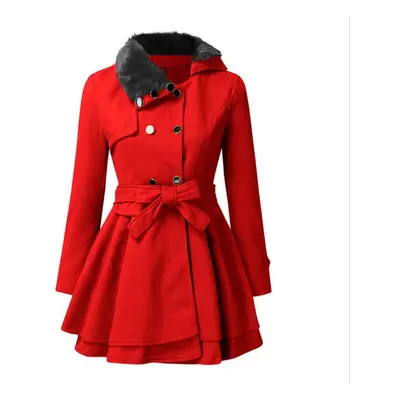 (red, M) Women Wool Coat Dress Jacket Slim Windbreaker Sexy Long Woolen Trench Belted Pea Coat D