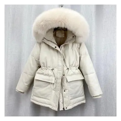 (beige, M) Autumn Coats Cotton Padded Fur Parka New Big Fur Collar Down Winter Jacket Women Thic