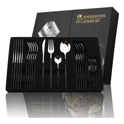 (black,silver, 24pcs + box) 24pcs Black Handle Golden Cutlery Set Stainless Steel Knife Fork Spo