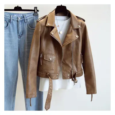 (brown, L) Spring Autumn Women Faux Leather Jacket Slim Streetwear Khaki Leather Coat Biker Moto