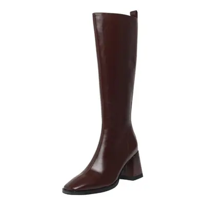 (brown, 33) Meotina Women Genuine Leather Knee High Long Boots Square Toe Chunky High Heels Zipp