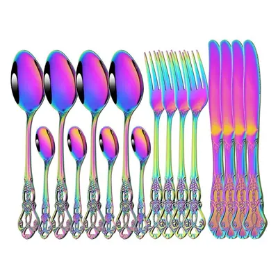 (multicolor) Stainless Steel Flatware Western Vintage 16pcs Dinnerware Set Royal Multicolor Knif