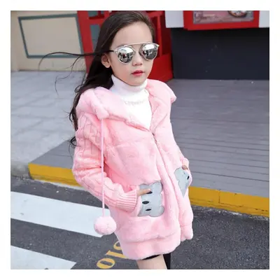 (pink, 130) Girls Fall And Winter Thickened Warm Zipper Hooded Jacket Warm Plus Size Cardigan