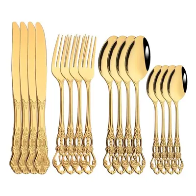 (gold) 16pcs Royal Gold Dinnerware Mirror Polish Stainless Steel Tableware Knife Fork Spoon For 