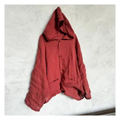 (dark red) Johnature Women Vintage Hooded Shirts Solid Color Patchwork Pockets Spring Chinese St