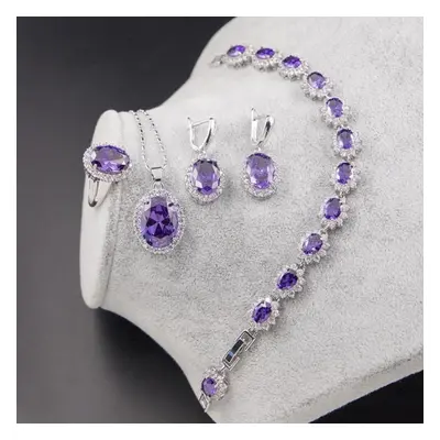 (purple, 6) Ring Earrings Necklace Bracelet Silver Jewelry Set Oval Shape Zircon Gemstone Access