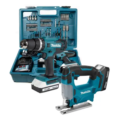 Makita 18v Cordless Combi Hammer Drill Driver & Jigsaw Twin Pack + piece Set