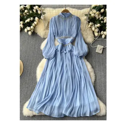 (blue, XXL) New Elegant Stand Collar Lantern Sleeve Mujer Slim Fit Ruched Big Swing Heavy Robe T