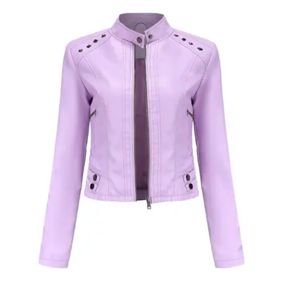 (pink, L) Women Faux Leather Jacket Cropped Zip Up Motorcycle Short Pu Moto Biker Outwear Fitted