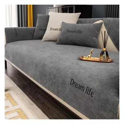 (dark grey, 90x240cm) Chenille Modern Sofa Cover Four Seasons Universal Embroidery Solid Color S