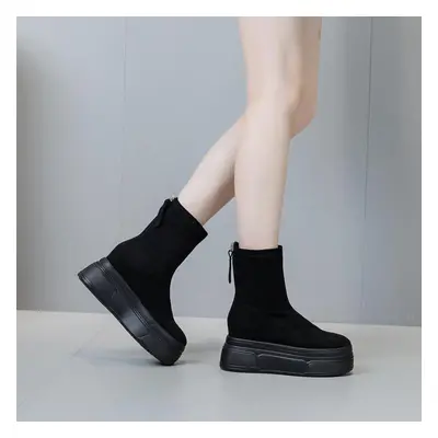 (black, 37) Koznoy 8.5cm Synthetic Stretch Fabric Suede Leather Ankle Booties Wedge Flats Comfy 